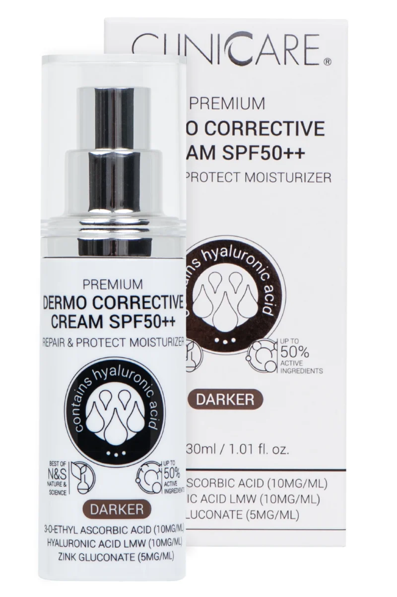 CLINICCARE Premium Dermo Corrective koreguojamasis kremas SPF50++ DARKER pakuotė